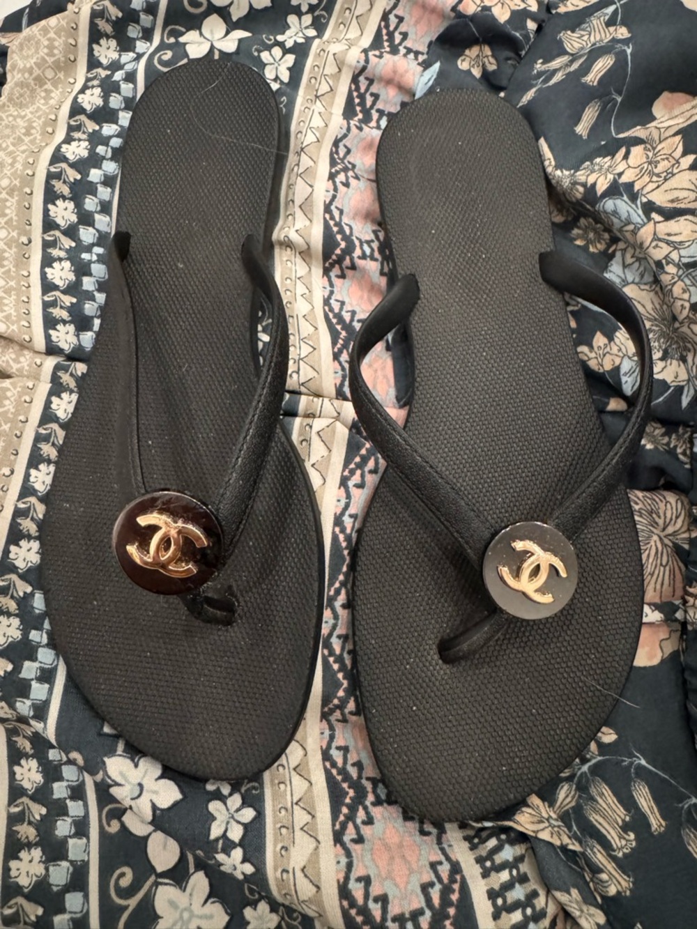 Black Flip Flop Sandals with Gold Logo Accent - Women's